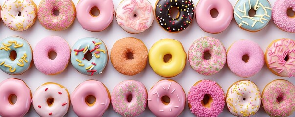 Wall Mural - Creative food baker bake bakery background banner panorama wallpaper, seamless pattern texture - Top view of many colorful pink sweet delicious donuts