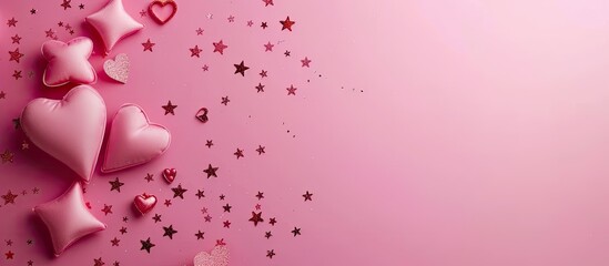 Wall Mural - A pink background filled with an array of pink hearts and stars, creating a whimsical and playful atmosphere. The hearts and stars are scattered across the image, giving it a cheerful and joyful look.