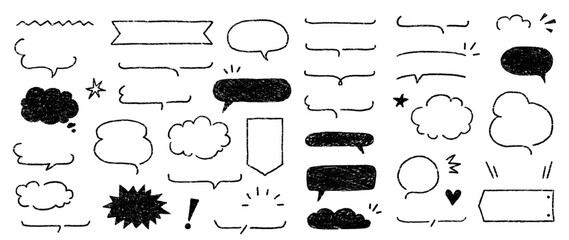 Poster - Cute crayon frame speech bubble set. Crayon chalk background speech bubble frame. Hand drawn chalk pencil dialog balloon, japan handwriting doodle text cloud. Vector illustration