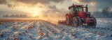 Fototapeta  - Winter crop-sowing in agricultural fields is done by a farmer using a tractor.
