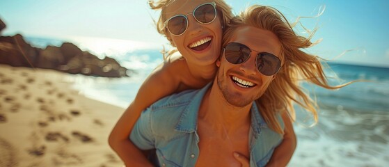 Wall Mural - attractive young man enjoying himself on the beach with his contented girlfriend.