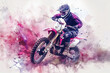 A motocross athlete in action, pink splash watercolor
