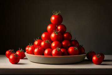 Wall Mural - Tomatoes on a plate on a wooden table against a dark background