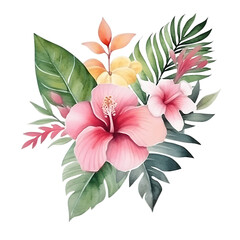 Wall Mural - Lush Tropical Leaves and Flower Arrangement in Watercolor