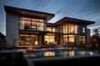 Panorama of modern luxury house with swimming pool at dusk. Nobody inside