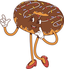 Wall Mural - Cartoon donut groovy character joyfully flirting in red heels. Isolated vector retro doughnut pastry with chocolate glaze, colorful sprinkles and vintage flair, embodying a nostalgic 70s inspired vibe