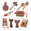 Set of Wooden African Music Instrument Set collection with shekere, calabash rattle, maracas, guiro, slit wooden drum, balafon, darbuka, djembe and kalimba, vector cartoon isolated illustration.
