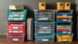 A stack of plastic file storage boxes containing folders, binders, and assorted items.