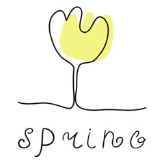 Sticker - Word - Spring. Cute little flower. One line art style. Simple hand drawn illustration