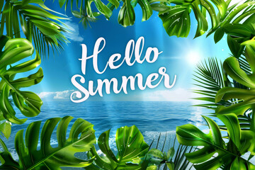 Hello summer banner with leaves and water with top view, Generative AI.