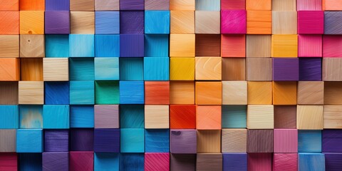 Poster - Colorful wooden blocks aligned. Wide format.