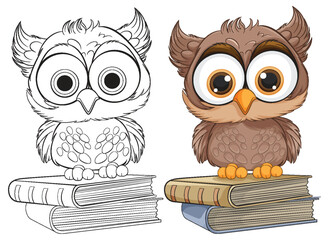 Wall Mural - Two cartoon owls perched on stacked books