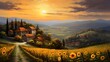 Sunflower field panorama at sunset in Tuscany, Italy
