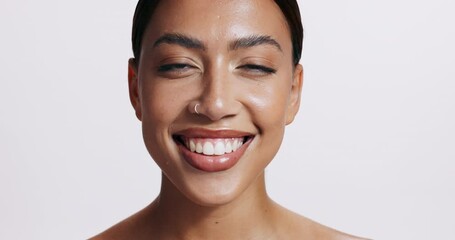 happy, face and woman with beauty from skincare, dermatology or smile in white background of studio.