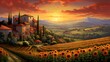 Sunflower field in Tuscany, Italy. Panoramic view