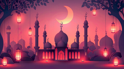 Illustration mosque and lantern with glowing light in the night