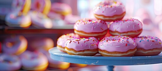 Canvas Print - A plate filled with pink frosted donuts topped with colorful sprinkles. The sugary treats are neatly arranged, showcasing their vibrant colors and tempting appearance.