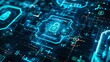 Closeup of a scifi encryption scene with cybersecurity and data protection elements depicted in 3D and a dark setting