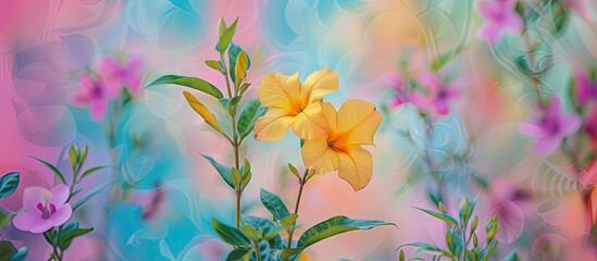 Sticker - A painting featuring vibrant yellow flowers of the Ruellia Tuberosa Linn plant set against a soft pink and blue background. The botanical artwork captures the intricate details of the blossoms in a