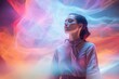 Woman enveloped in a tranquil swirl of ethereal colored smoke. Can be used in visual art and meditation guides. AI Generated.