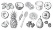 detailed sketch of assorted fruits and a glass of smoothie. 