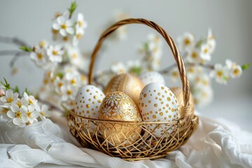 Wall Mural - wicker basket with golden easter eggs on a studio background