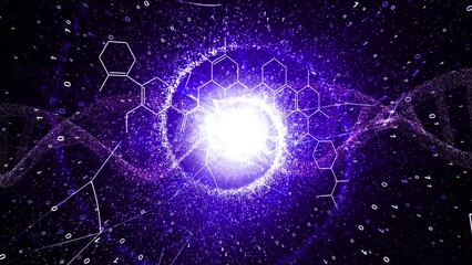 Poster - dna chain and abstract chemical hexagon bonds animation background.