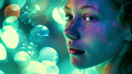 Wall Mural - A woman with a serene expression, as if lost in thoughts of the ethereal beauty of the Aurora Borealis, her face bathed in a soft, pastel glow of green and purple lights.