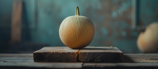 Poster - A ripe piece of organic cantaloupe rests on top of a weathered wooden table, creating a simple yet striking scene with its vibrant colors and natural textures.