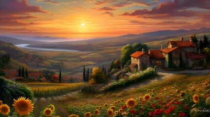 Wall Mural - Panoramic view of Tuscany with sunflowers at sunset.