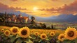 Sunflower field at sunset in Tuscany, Italy. Panorama