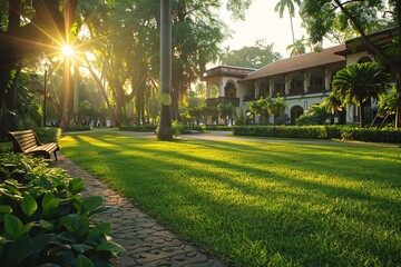 Wall Mural - Gorgeous dawn in open-air garden featuring verdant lawn and lush foliage at Park
