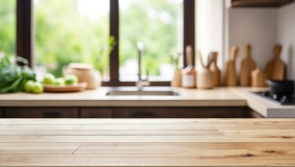 Canvas Print - A wooden table in a kitchen with a window. Generative AI.