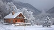 Snow-covered cabin after a blizzard in a wintry scenery.