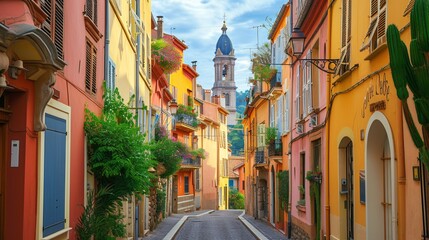 Wall Mural - Charming and vibrant street design and church scenery tourist spot in the French Riviera region of France.