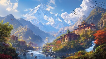 Behold the breathtaking beauty of mountain streams carving through landscapes, embracing quaint villages, with the added grace of colorful birds soaring in the expansive sky.