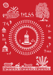 Sticker - Harmony in Nature: A Vibrant Warli Depiction of Joyful Rural Life. Simple Joys: A Serene Warli Celebration of Life in the Countryside. Warli art, Rural life, Nature.