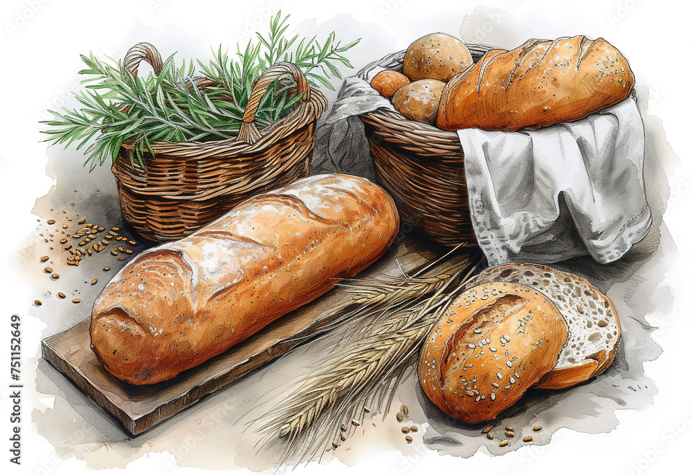 Freshly baked bread, loaf and ears of wheat in wicker basket, hand ...
