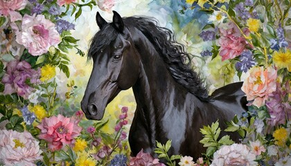 Wall Mural - black friesian horse framed with cool toned flowers