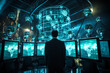© Rytis - Technology, sci-fi, finance, telecommunication and business concept. Business man in futuristic computer or server dark room with many displays and monitors showing some data on screens