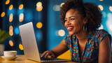 Fototapeta Sport - Black Woman Exuding Joy And Satisfaction As She Works On Her Laptop