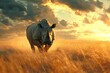 Rhinoceros Running Through Field at Sunset. Generative AI