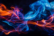 Abstract swirls of bright smoke, intertwining of blue and red shades, unearthly glow, dynamic movement, black background