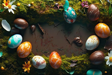 Wall Mural - Top down view of an Easter border frame of robin's eggs and chocolate eggs with copy space in the middle