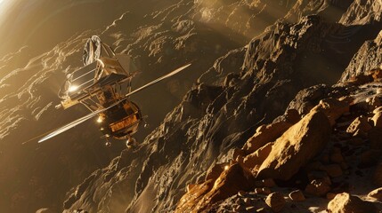 Wall Mural - a space probe collecting samples from the surface of a rocky exoplanet