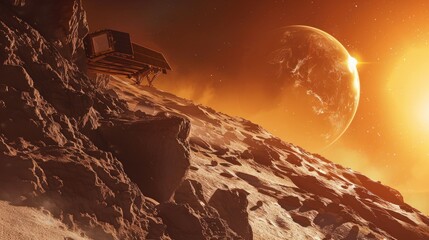 Wall Mural - a space probe collecting samples from the surface of a rocky exoplanet