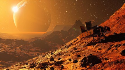 Wall Mural - a space probe collecting samples from the surface of a rocky exoplanet