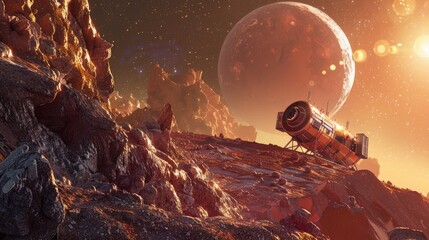 Wall Mural - a space probe collecting samples from the surface of a rocky exoplanet