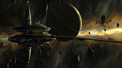 Wall Mural - a space station in orbit around a gas giant planet in a distant solar system