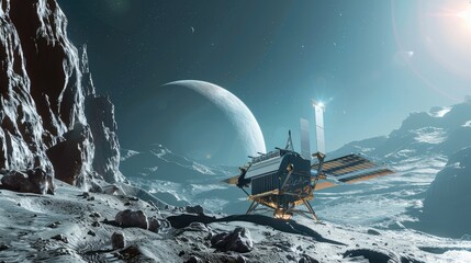 Wall Mural - a space probe collecting samples from the surface of a rocky exoplanet